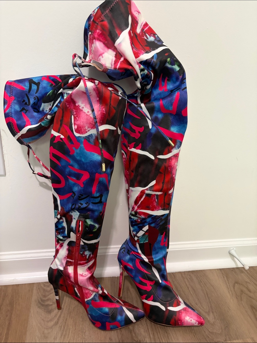 Women's Multicolor Over-the-Knee Stiletto Boots - Pink Blue Abstract